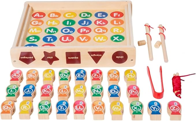 Montessori 6-in-1 Fishing Toys for Toddlers 3+, Wooden Magnetic Fish Game, Educational Preschool Learning Box—Fine Motor Skills, Color & Shape Sorter, Lacing Beads, Alphabet Matching Set for Kids