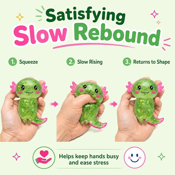 Axolotl Squishy Stress Ball, Soft TPR Slow Rising Squeeze Toy, Cute Axolotl Fidget Toy for Stress Relief, Anxiety Calming Sensory Toy for Kids Adults(Green Long Tail Axolotl)