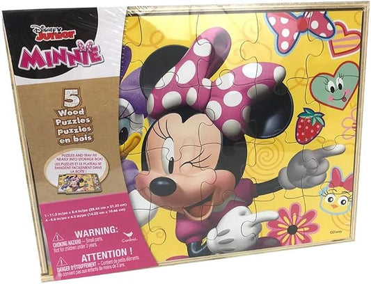 Disney Minnie Mouse 5 Wood Jigsaw Puzzles in Wood Storage Box