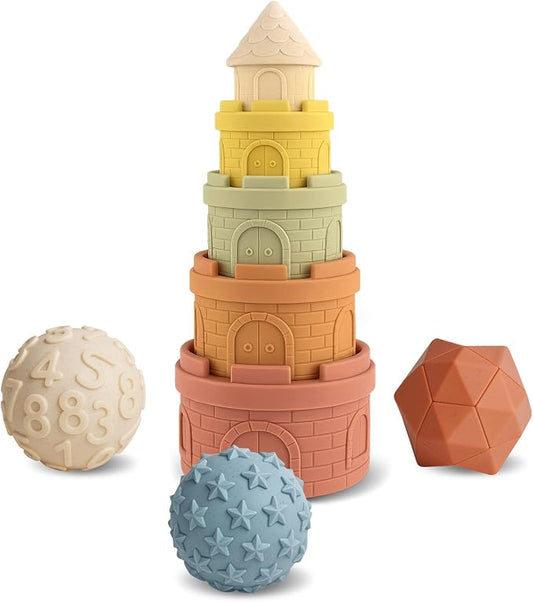 Baby Stacking Cups & Sensory Ball Set, Sensory Toys for Babies | 5 Colored Castle Cups, 3 Textured Balls, Soft Castle Nesting Blocks, Teether, Bath & Travel Play, Gifts for Toddlers 1-3
