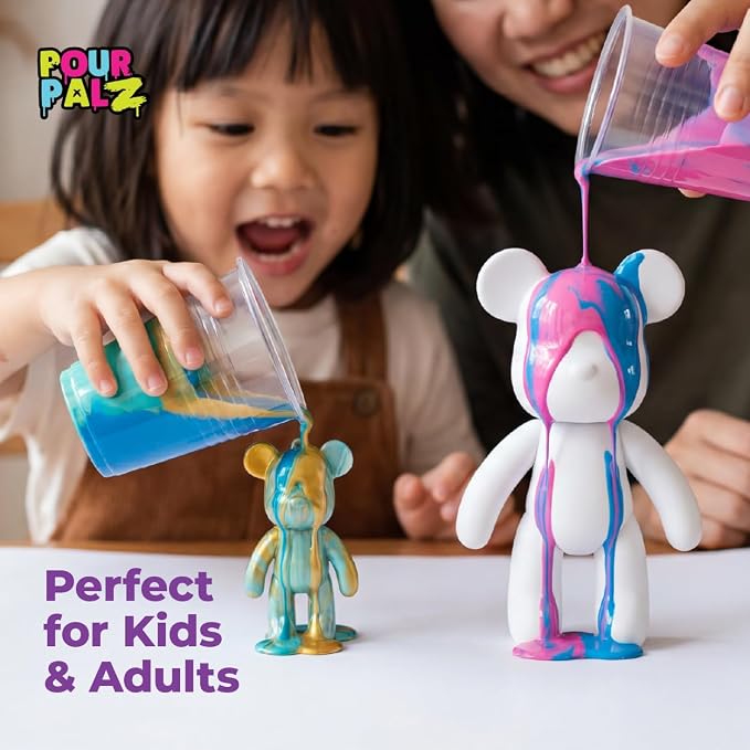 Paint Pour Bear Craft Kit, DIY Paint Pouring Art Set with Large Posable Bear (Berry Blast) & Mini Bear Keyring (Blue), Creative Arts & Crafts Activity for Kids & Adults, Gift Kit, 2 Pcs