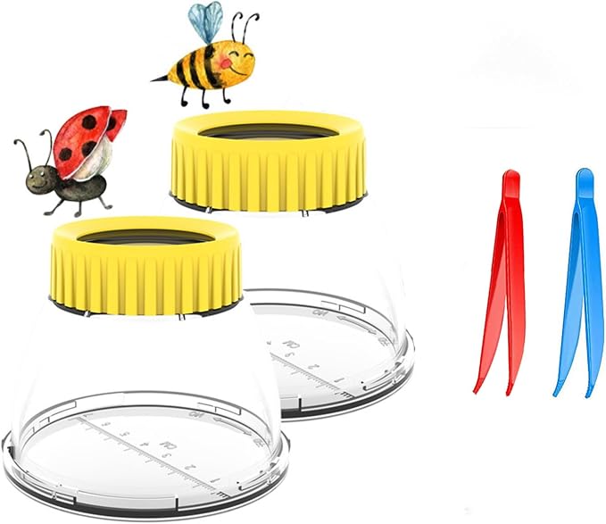 Bug Viewer for Kids 3X Magnifying Insect Observation Kit Built-in 7cm Ruler with 2 Slant Tweezers Bug Jar Catcher Cage for Kids Science Nature Exploration (2Pack Yellow)