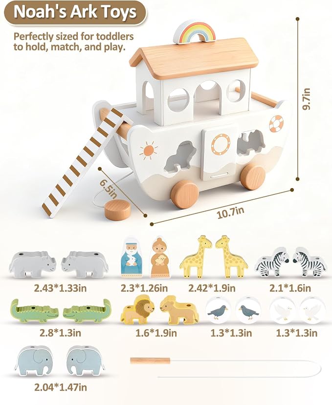 Wooden Noah's Ark Toy for Toddlers 1-3, Baptism Gift for Boys and Girls | Neutral Colors • Animal Shape Matching • Fine Motor Skills • Christian Faith Learning • Bible Story Learning