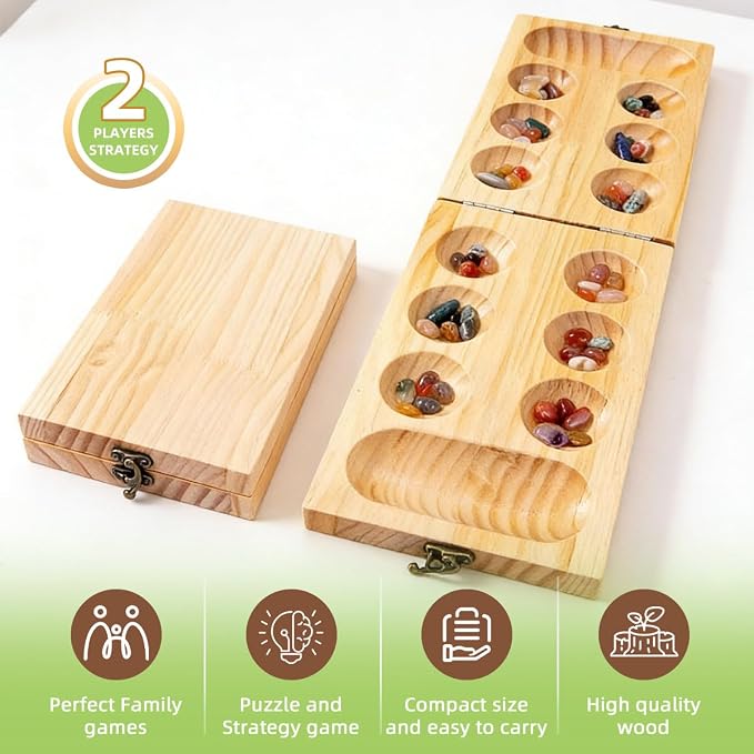 Mancala Board Game for Kids & Adult Wooden Board with Colorful Stones 2-Player Strategy & Educational Toy Party Toys | Parent-Child Time