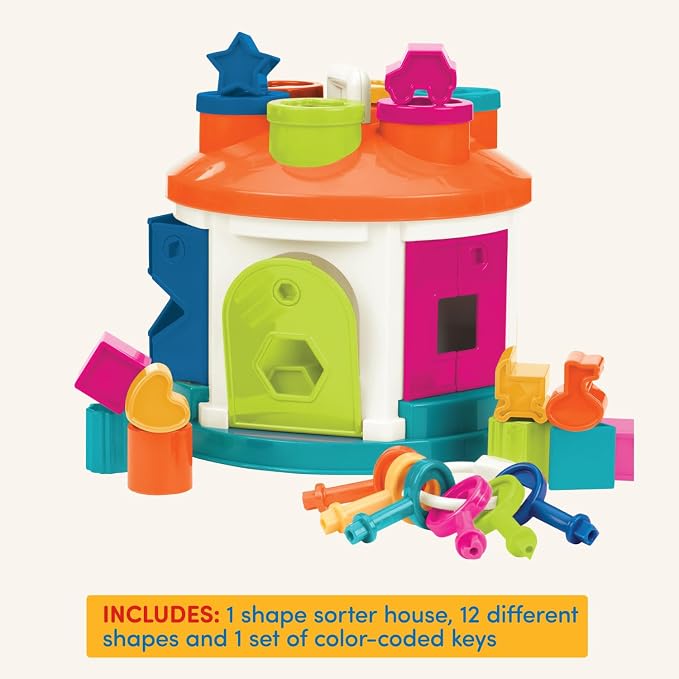 Battat Color Sorting Toy with Keys and Storage, Toddler, 14-Piece Set | Take-along shape sorting house with 12 different shapes, color-coded keys, carry handle, and storage inside, 2+ Years