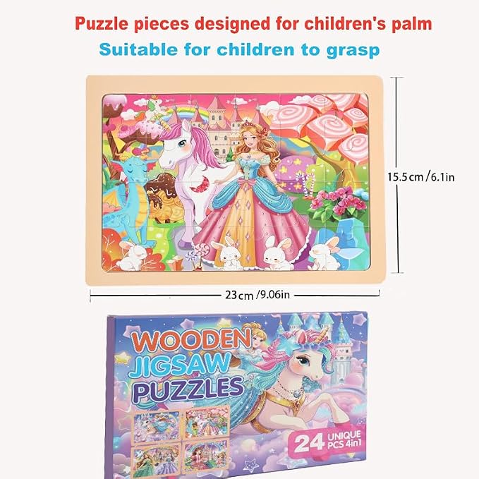 jWooden Puzzle for Kids 4-6 Years Old, 4 Pack of 24 Pieces Unicorn Princess Fairy Puzzle, Preschool Education Brain Teaser Toy for 3 4 5 6 Year Old Girls.