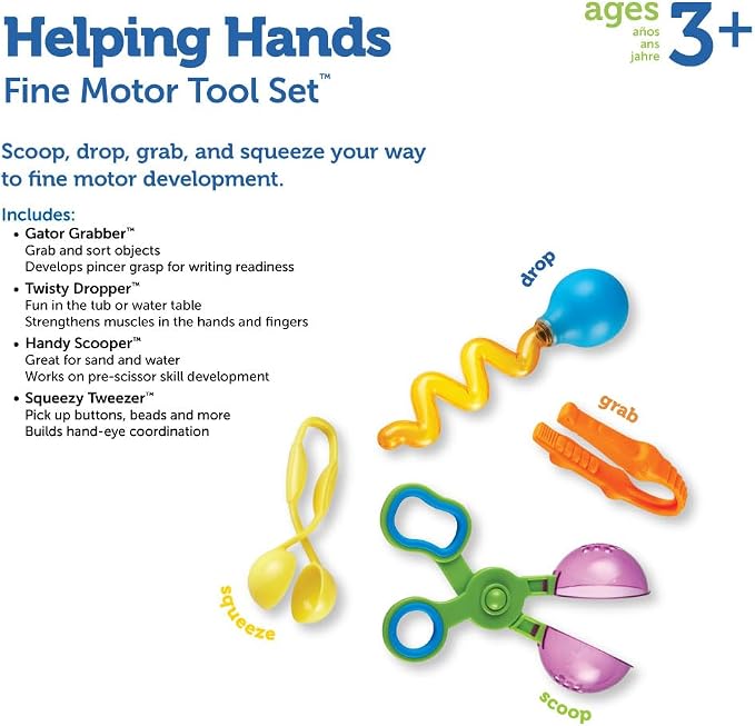 Learning Resources Helping Hands Fine Motor Tool Set Toy - Sensory Bin Sand Toys, Montessori, Plastic Tweezers, Therapy Games For Toddler, Homeschool Preschool Supplies