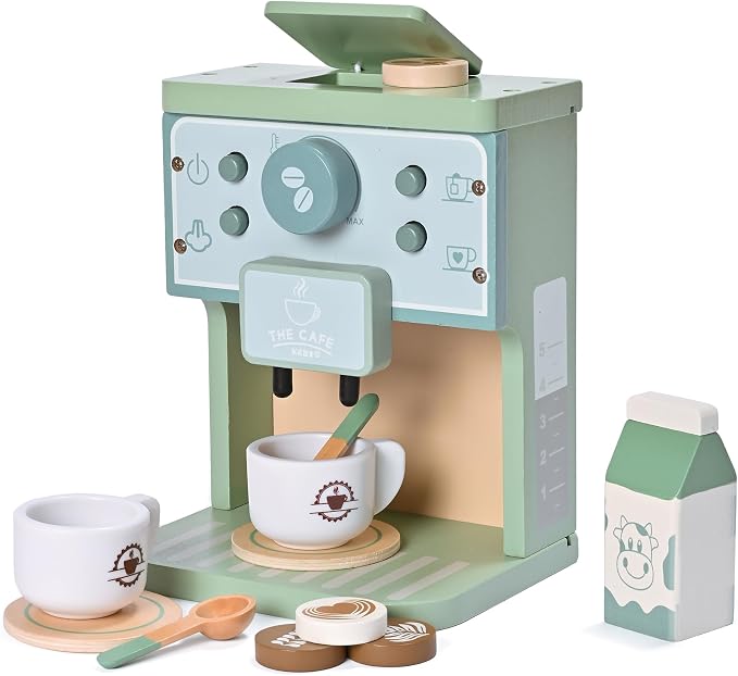 Green Coffee Maker Toddler Pretend Play Kitchen Accessories | Kids Wooden Toys Espresso Machine Playset Montessori Kitchen Toy Gift for Girls and Boys