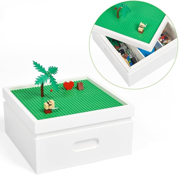 UTEX Buildable Cubby Storage with Baseplate Lid Compatible with Lego | Wooden Building Blocks Organizer, 3 Removable Sorting Compartments, Compact & Portable, Bricks Storage Box, White