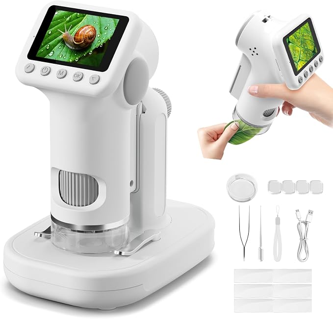1600X Microscope for Kids, 2.0" Screen Kids Microscopes with Slides Kit Microscope for Toddlers Christmas Birthday Gifts Toys for 3-14 Year Old Children Students (White)