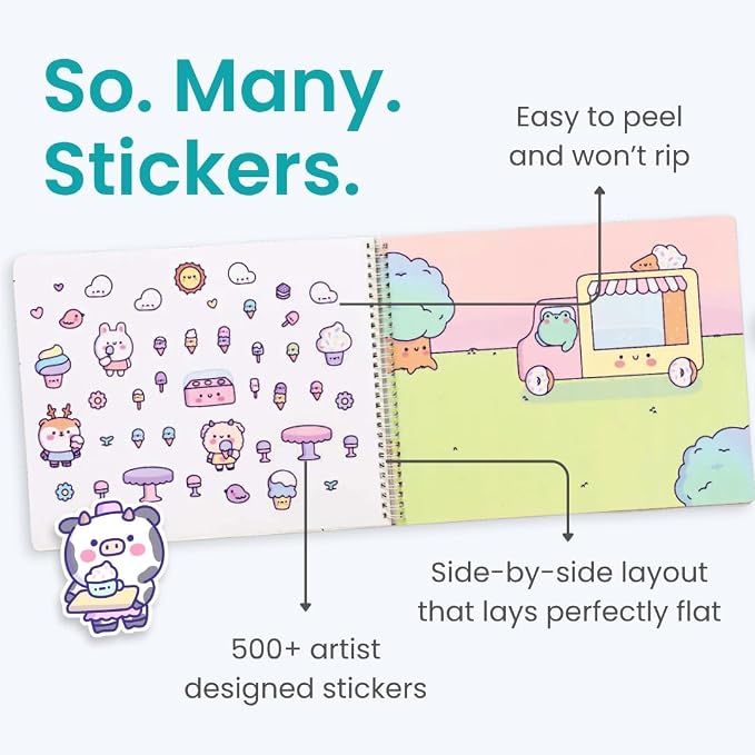 Cupkin Cute Foods Around Town Coloring & Sticker Book | 500+ Stickers | Spiral-bound kids craft format with 12 scenes, 12 art pages, side-by-side viewing, and an easy-peel design for ages 2–8