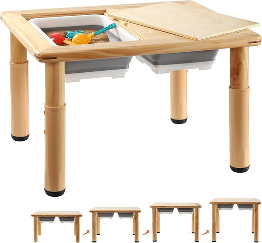 FUNLIO Wooden Sensory Table for Toddlers 1-5, 4-Level Height Adjustable Kids Activity Table with Anti-Warping Plywood Lid, Indoor/Outdoor Play Sand and Water Table, CPC Certified