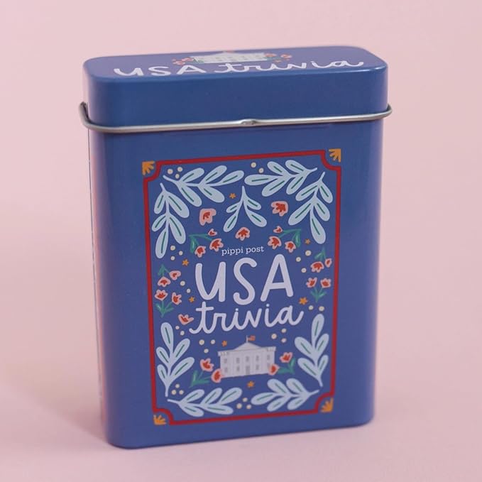 Pippi Post USA Trivia Card Game with Storage Tin, 50 History Quiz Cards | American History, Culture & Landmark Quiz Card Deck, Travel-Friendly Trivia Deck for Road Trips, Game Nights & Learning Fun