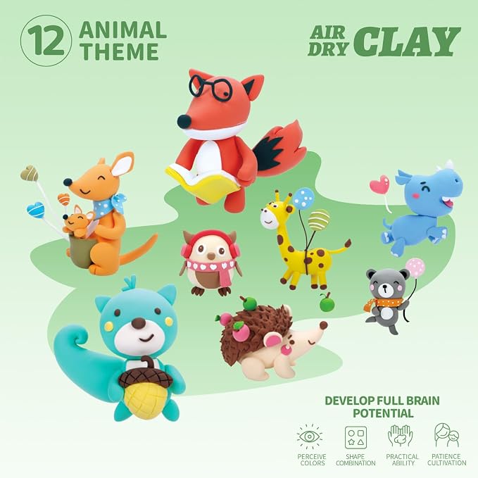 LOUFOR Air Dry Clay Kit -12 Animals Modeling Clay for Kids Arts and Crafts | Ultra Light & Soft,Safe & Non-Toxic,No-Sticky & Crack,DIY Molding Clay with Sculpting Tools,Party Favors Gifts for Girls Boys