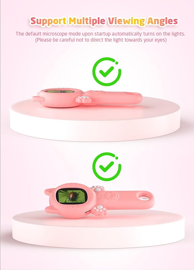 PHNIXGAM Kids Microscope Camera, 500X Handheld 2" IPS Screen, A Pink Cat | 2-in-1 design, supports multiple viewing angles, outdoor STEM toy, birthday gift for boys/girls 3-10, rechargeable/portable