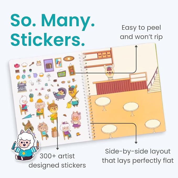 Cupkin Llama Alpaca Coloring & Sticker Activity Book | 300+ Stickers | Spiral-bound kids craft format with 12 scenes, 12 art pages, side-by-side viewing, and an easy-peel design for ages 2–8