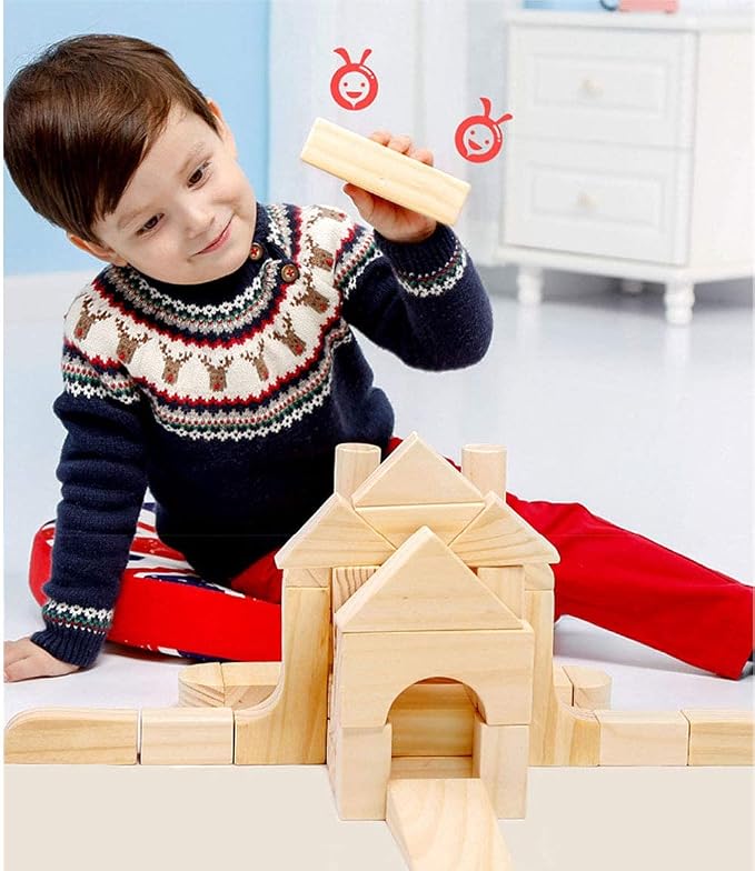 Large Wooden Blocks for Toddlers 1-3, 64Pcs Big Wood Building Blocks Set | Wooden Storage Box, Large Toddler Blocks Building and Stacking Toys Construction Set, Natural Child Safe Solid Wood Blocks
