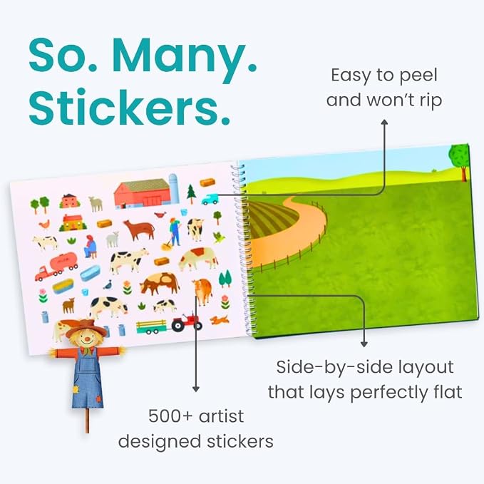 Cupkin Farm Animal Coloring & Sticker Activity Book | 500+ Stickers | Spiral-bound kids craft format with 12 scenes, 12 art pages, side-by-side viewing, and an easy-peel design for ages 2–8