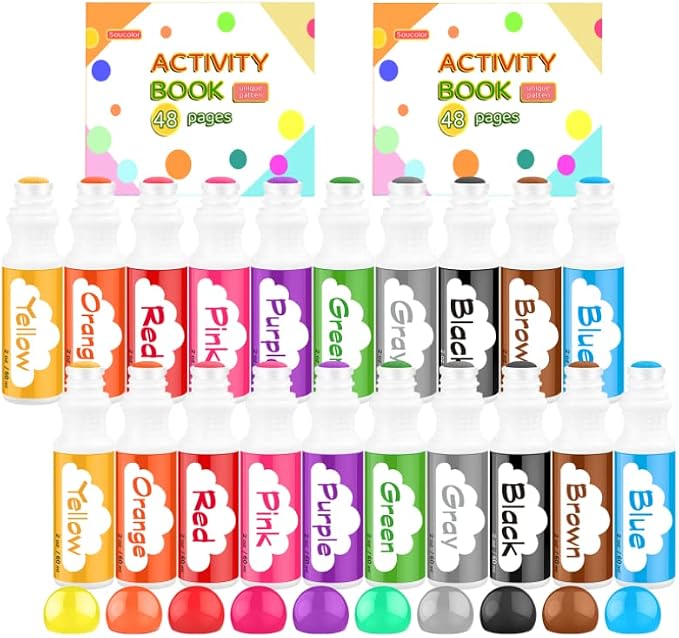 Soucolor 20 PCS 10 Colors Kids Washable Dot Markers,48 Page Activity Book | Bingo Paint Daubers Set with 48 Pages Tearable Activity Book for Kids,Toddlers,Preschool, Arts and Crafts Kits Supplies