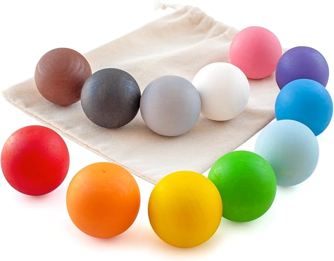Ulanik Wooden Balls Replacement Set Montessori Toys for 1 Year Old | For Ulanik Balls in Cups; 12 clear colors; linen bag; cups not included