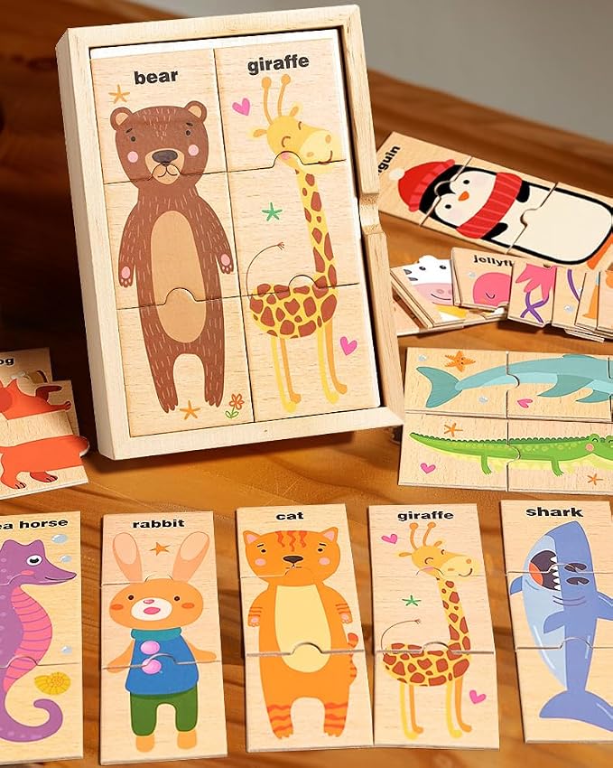 Montessori Wooden Animal Puzzle Toy Ages 3+, 48pc Matching Game with Box