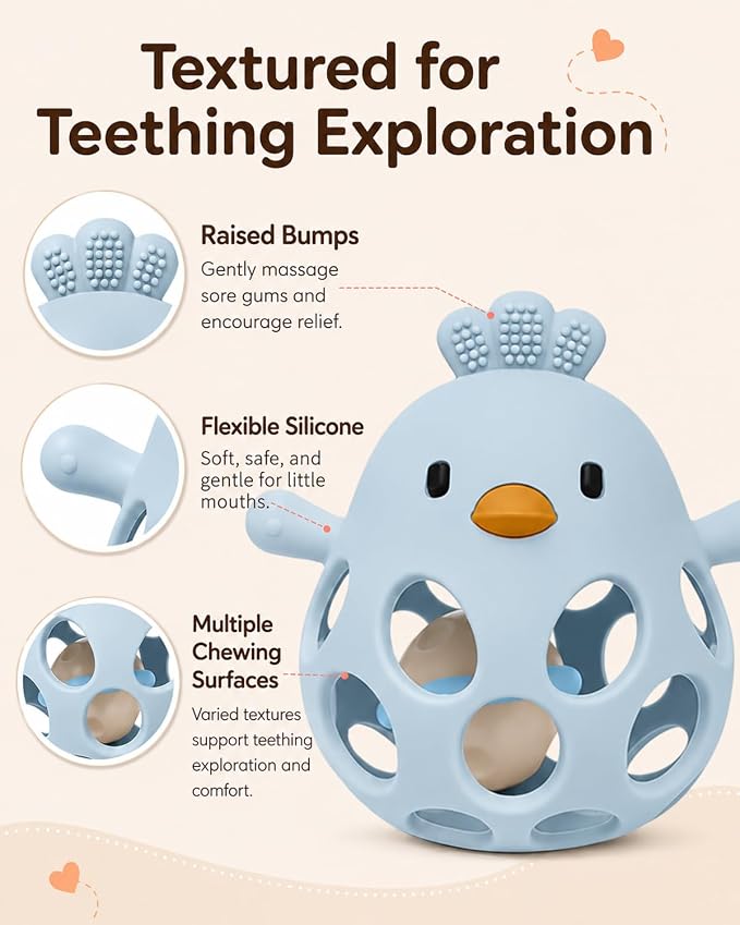 Tinabless 2-in-1 Baby Teething Rattle Toy, Easy Grip Silicone Teether for Babies 3-12 Months, BPA-Free Sensory Grasping Chew for Sore Gums, Infant Shower Gift (Blue w/Rattle)