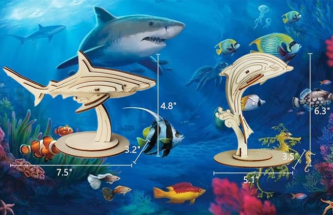 3D Wooden Sea Animal Puzzle, 6 Piece Set Wood Sea Animals Skeleton DIY Assembly Model Kits, Wooden Crafts Brain Teaser Puzzle, STEM Gifts for Adults & Teens Birthday Gifts Xmas