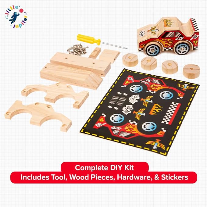 Little Jupiter DIY Wooden Kits w/Stickers - Building Kit - Stem Building Toys - Wood Crafts - Woodworking Kit - Wood Building for Ages 4-7 Yrs (Race Car)