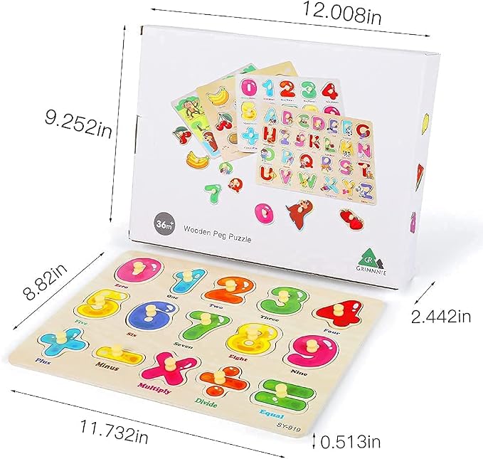 GRINNNIE Wooden Peg Puzzle for Toddlers 3 4 5 Years Old, 4 PCS Montessori Educational Learning Puzzles Set-Numbers, Letters, Animals and Fruits, Great Preschool Gifts for Girls and Boys