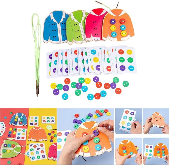 Menolana Kids Wooden Threading Lacing Clothes Sew on Button Game Toys for Age 3-6