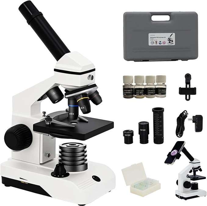 M2 Dual Power Supply Compound Monocular Microscope 40X-2000X for Adults & Students All-Metal STEM Lab Kit with Glass Optics, Dual LED, Slides & Carry Case