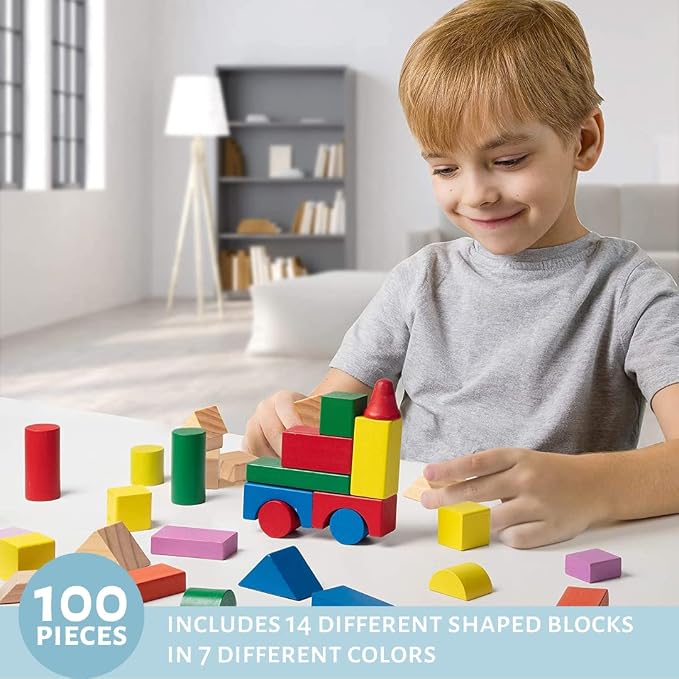 Right Track Toys Wooden Blocks - 100 Pc Wood Building Block Set with Carrying Bag (Rainbow Colored)- 100% Real Wood in 7 Colors and 14 Shapes - Stack, Build and Store- Fun Gift, Back to School Project