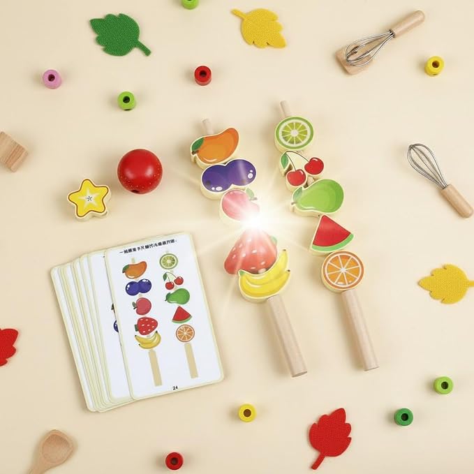 harayaa Children Cognitive Game Fruit Lacing Beads Threading Toy Stacking Blocks Matching Cards Wooden Educational Set for Motor Skill Training and Color, Seafood Skewers