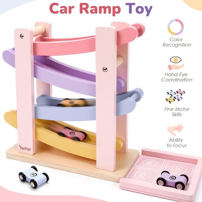 Vanplay Car Toys for 1 2 Year Old Girls Gifts, Car Ramp Toy for Toddler 1-3 | Pink & Purple Race Track Truck Toy, 4 Level & 4 Mini Cars, Fully Assembled, All Wood, One 1st Christmas Birthday Gift