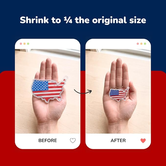 Shrink Art Keychain Kit for Kids - 40 Pre Cut USA Charms to Color & Bake | Kids color 40 pre-cut USA shrink plastic charms, bake & shrink them into keychains & bag tags - 10 colored pencils included