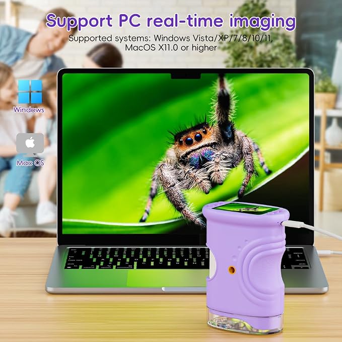 Temodu Kids Microscope 2.0" Screen 1000X Digital Microscope for Kids, Mini Pocket Handheld Microscopes for Children Birthday Festival Gift, Science Education Fun Toys for Boys Girls Ages 4-12 (Purple)