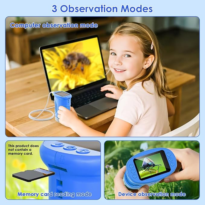 Temodu Kids Microscope 2.0" Screen 1000X Digital Microscope for Kids, Mini Pocket Handheld Microscopes for Children Birthday Festival Gift, Science Education Fun Toys for Boys Girls Ages 4-12 (Blue)