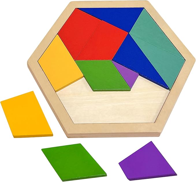 KINGOU Wooden Hexagon Puzzle Tangram for Kids and Adults, 12 Large Pieces Montessori Geometric Shape Brain Teasers, STEM Logic Game Learning Toy, Creative Desktop Coffee Table Travel Puzzle Gift