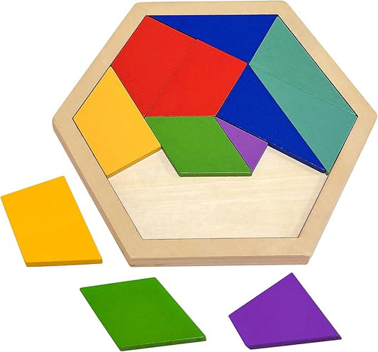 KINGOU Wooden Hexagon Puzzle Tangram for Kids and Adults, 12 Large Pieces Montessori Geometric Shape Brain Teasers, STEM Logic Game Learning Toy, Creative Desktop Coffee Table Travel Puzzle Gift