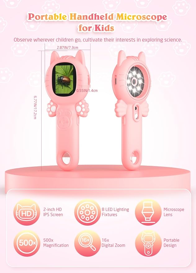 PHNIXGAM Kids Microscope Camera, 500X Handheld 2" IPS Screen, A Pink Cat | 2-in-1 design, supports multiple viewing angles, outdoor STEM toy, birthday gift for boys/girls 3-10, rechargeable/portable
