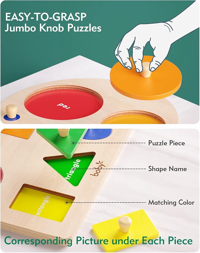 boby Wooden Shape Peg Puzzle - 12 Geometric Shapes Early Learning Toy for Toddlers, Preschool Educational Shape & Color Sorter with Knobs, Montessori Fine Motor Skill Toy for 1-3 Year Old Boys & Girls