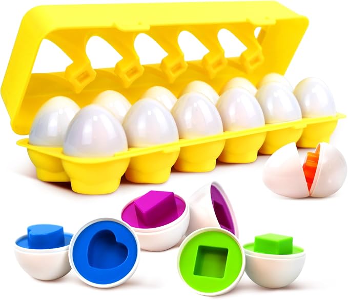 Tinabless Matching Eggs Toys 12 pcs Set Color & Shape Recognition Sorter Puzzle for Toddlers, Christmas Easter Travel Game Early Learning Educational Gift for Year Old Kids