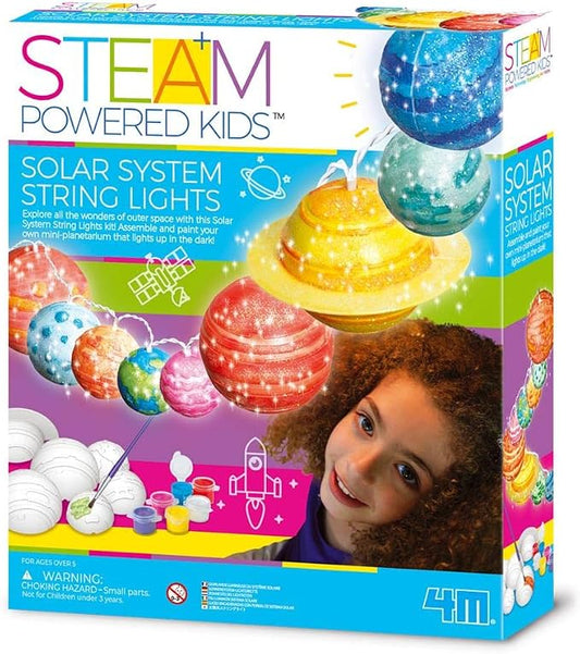 4M DIY Solar System String Lights - Outer Space Art & Craft Kit, Kids 5+ | Build a mini-planetarium with 9 LED planets, paint, and glitter. STEAM set includes poster and easy snap assembly