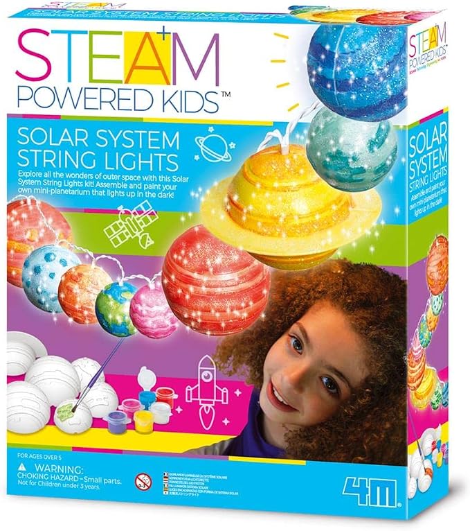 4M DIY Solar System String Lights - Outer Space Art & Craft Kit, Kids 5+ | Build a mini-planetarium with 9 LED planets, paint, and glitter. STEAM set includes poster and easy snap assembly