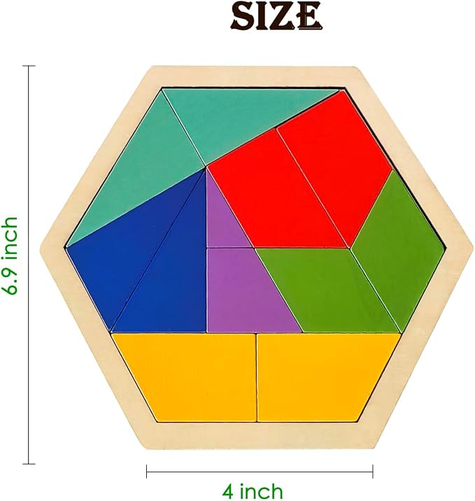 KINGOU Wooden Hexagon Puzzle Tangram for Kids and Adults, 12 Large Pieces Montessori Geometric Shape Brain Teasers, STEM Logic Game Learning Toy, Creative Desktop Coffee Table Travel Puzzle Gift