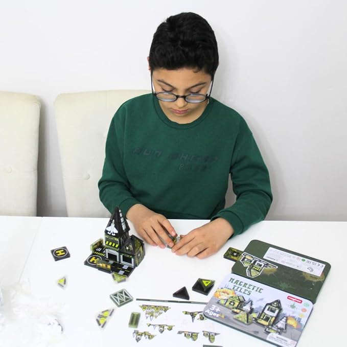 42PCS Mini Magnetic Tiles Army Base Travel Set with Iron Box | STEM Educational Military Building Blocks Magnetic Construction Toy for Kids Ages 3 to 8 Creative Gift for Boys and Girls