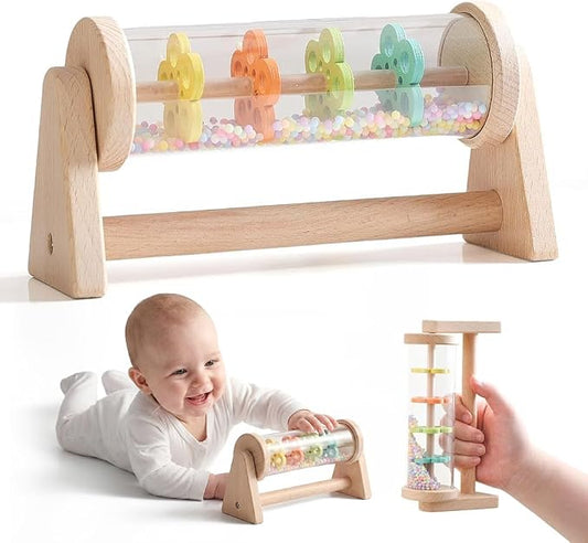 IEATFO Rain Stick Toy with Stand - Sensory Sound Training Tool for Kids, Tummy Time Musical Instrument for Infant Development | Rainmaker with Wooden Base, Clear Tube, Colored Flower Discs and Beads