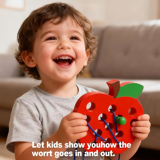 Lacing Toys for Kids,Wooden Threading Apple Travel Toys,Montessori Education Sensory Learning Fine Motor Skills, Wooden Block Puzzle Gifts for 3 Year Old Kids Boys Girls