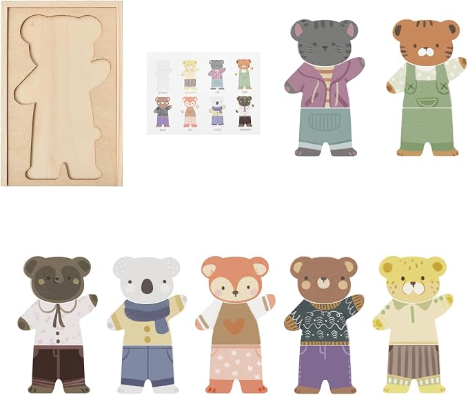 Wooden Animal Dress-Up Puzzle for Ages 3+, 21 Mix-and-Match Pieces with Storage Box, Montessori Matching Toy for Fine Motor Skills and Imaginative Play, Birthday