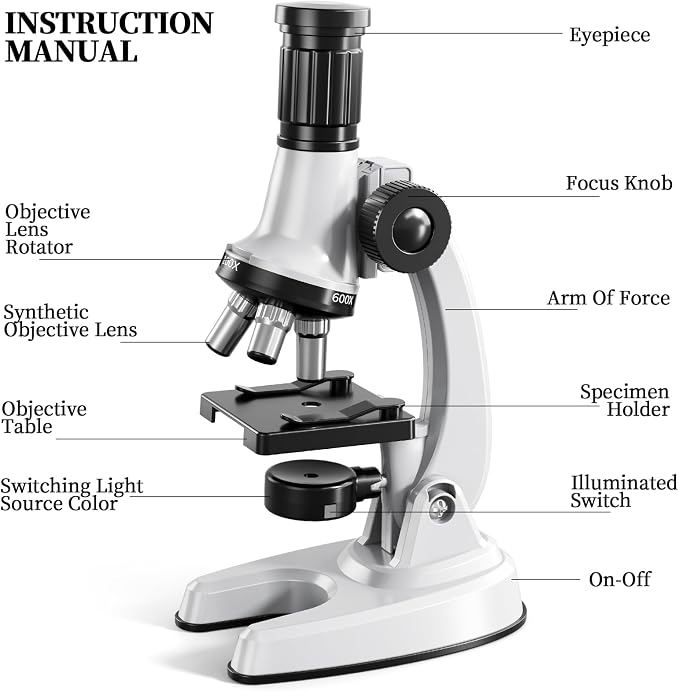 65Pcs Microscope Kit Toys 100X-1200X Magnification for Kids 3-13 | Microscope with 100X-1200X magnification, 7 colors light and 12 prepared slides, Christmas gift for kids science experiments